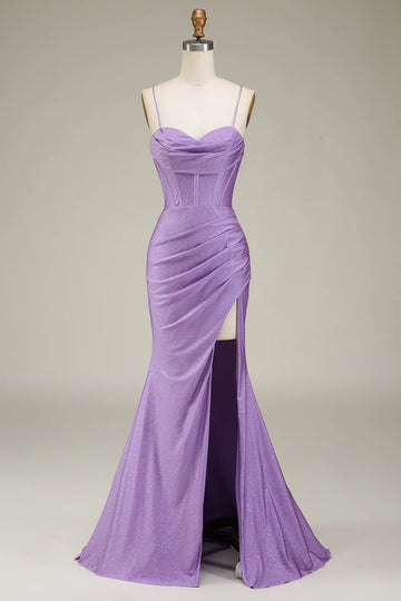 Lilac Mermaid Spaghetti Straps Satin Ball Dress with Corset